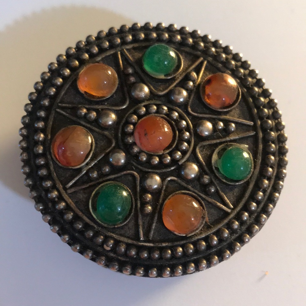 Twos company decorative aged silver round pill box w/ stones& intricate design